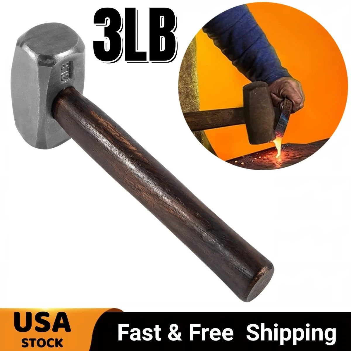 3LB Handmade Forge Hammer for Farrier, Knife Maker, Blacksmith