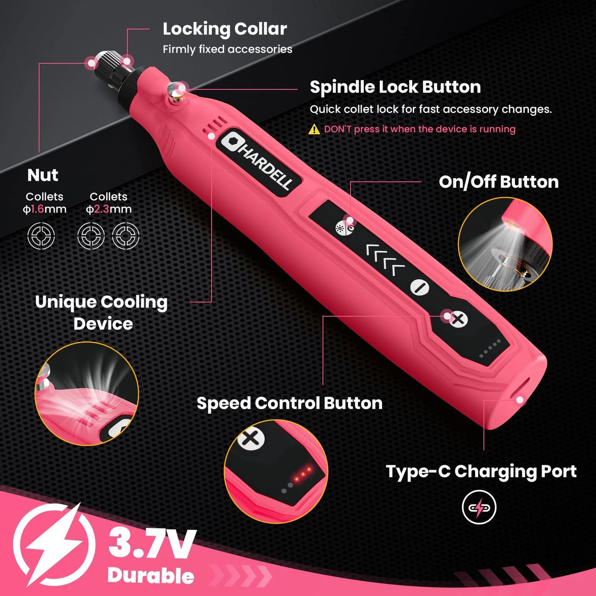 Mini Cordless Rotary Tool for (3.7V, 5-Speed, Pink)