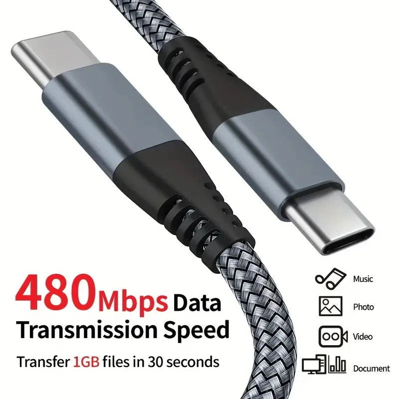 60W USB-C to USB-C Fast Charger Cable for iPhone 16, Samsung