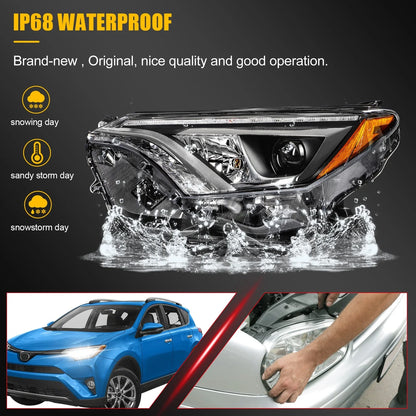 Pair Headlight Assembly for Toyota RAV4 (2016–2018) with LED DRL Black Housing