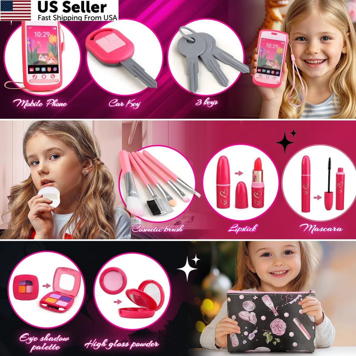 Pretend Makeup Kit for Girls - Child-size Play Set, Pink