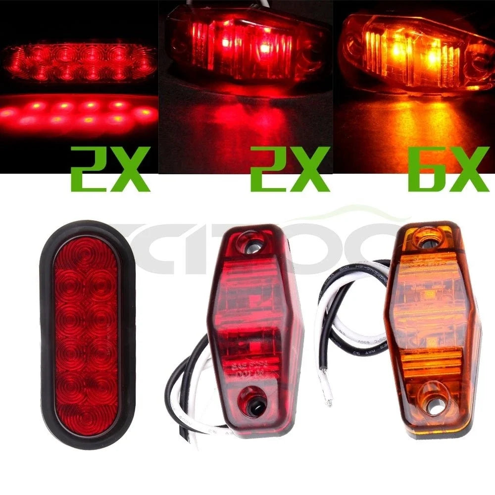 2X 6" 10LED Red Trailer Tail Light + 8X Amber/Red Side Marker Lights