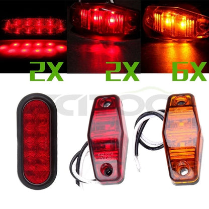 2X 6" 10LED Red Trailer Tail Light + 8X Amber/Red Side Marker Lights