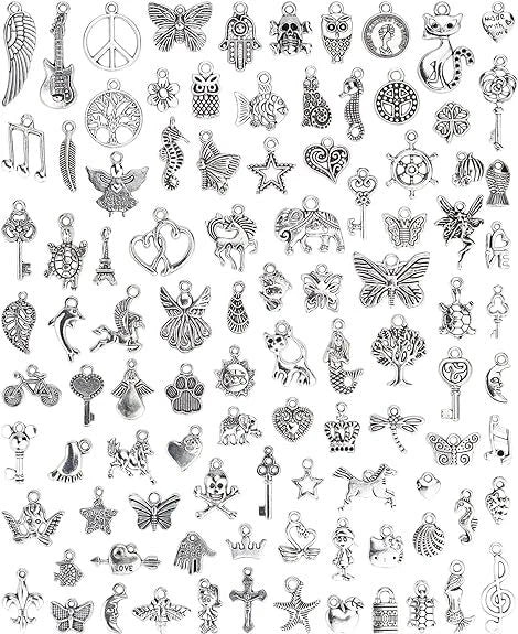 100 PCs Silver Charms for Jewelry Making Mixed Lot Pendants
