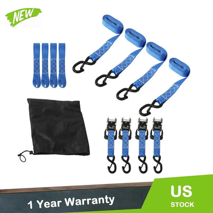 Set of 4 Steel Ratchet Straps 1.6in x 8ft with S Hooks, 5208lbs Strength