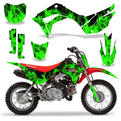 Custom MX Graphics with Plate Decals for Honda CRF 110F (2019–2021) Flames GRN