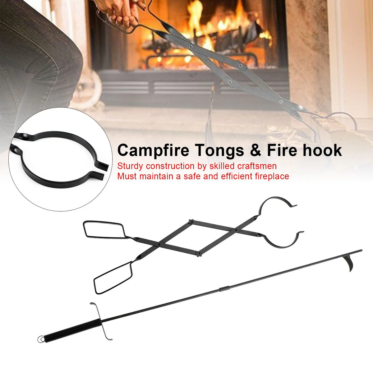 2X Hearth Tool Fireplace Set for Campfire Tongs Fire Hook Black