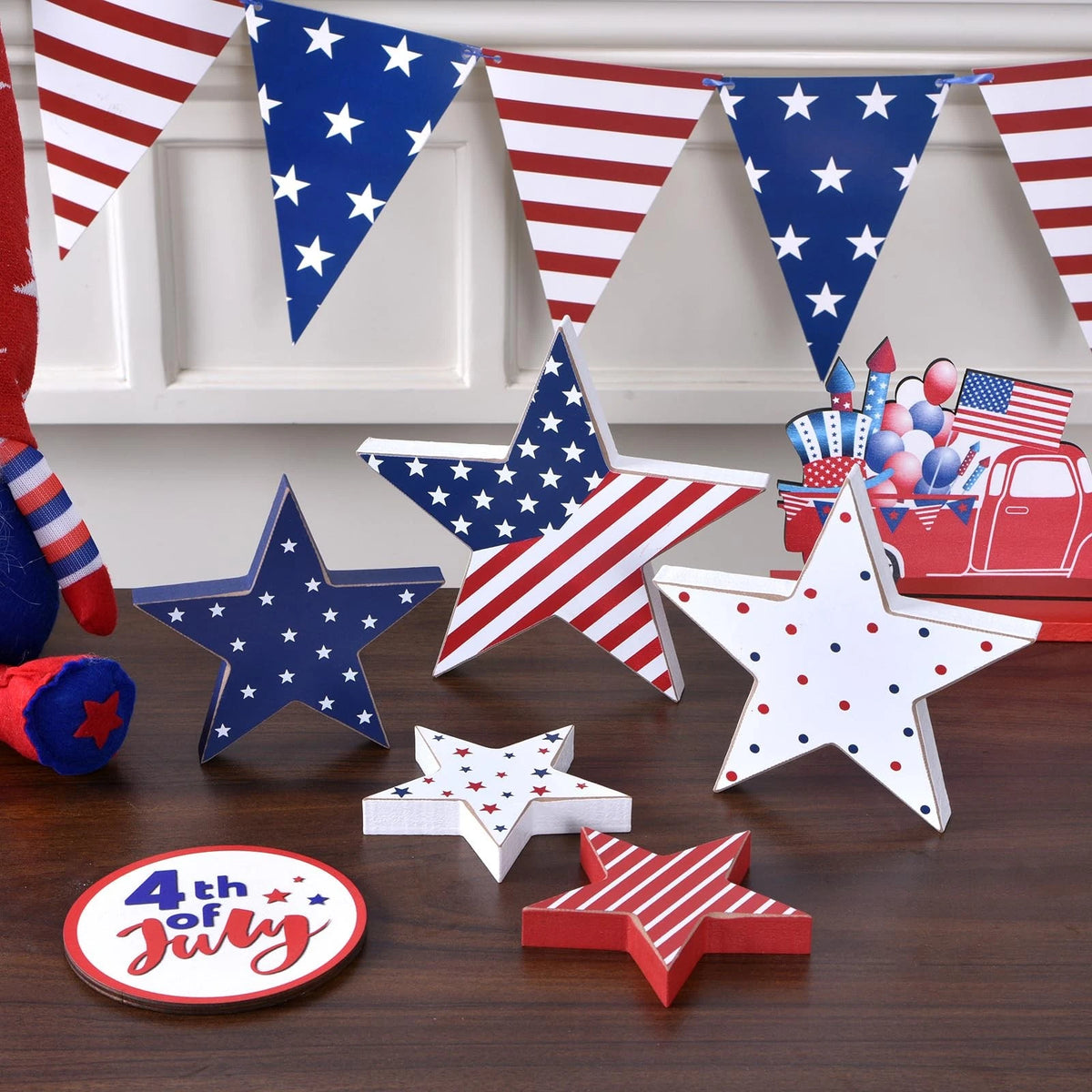 Set of 5 Wooden Stars for 4th of July Decorations