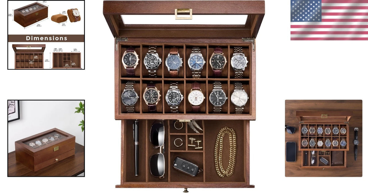 12 Slot Wooden Watch Box for Men - Watch Display Case with Drawer