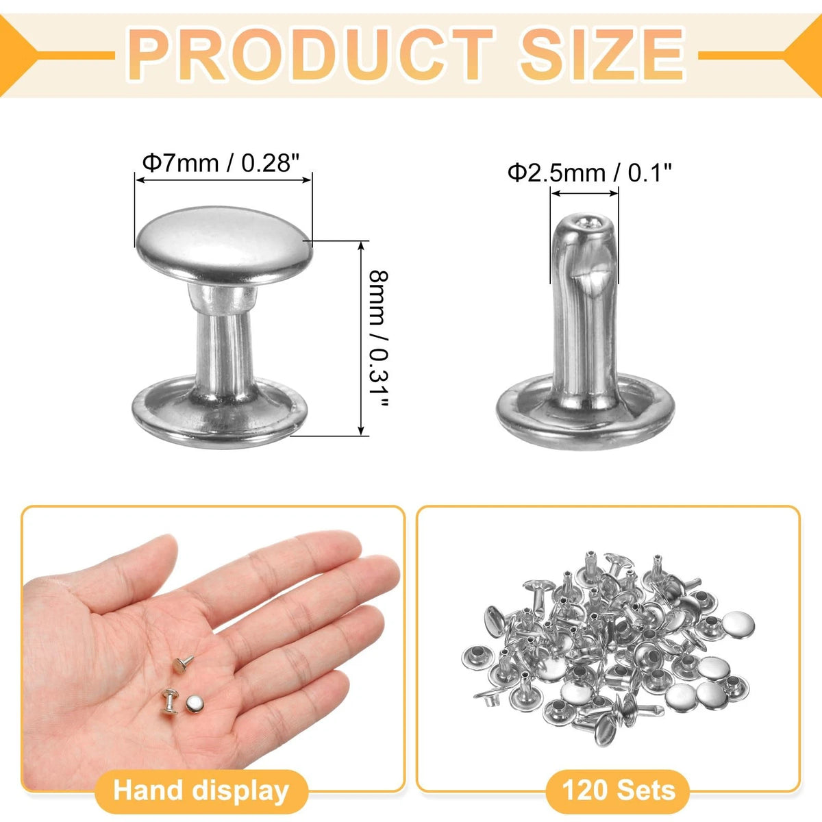Set of 120 Leather Rivets for Automotive Upholstery (7mm, Silver)