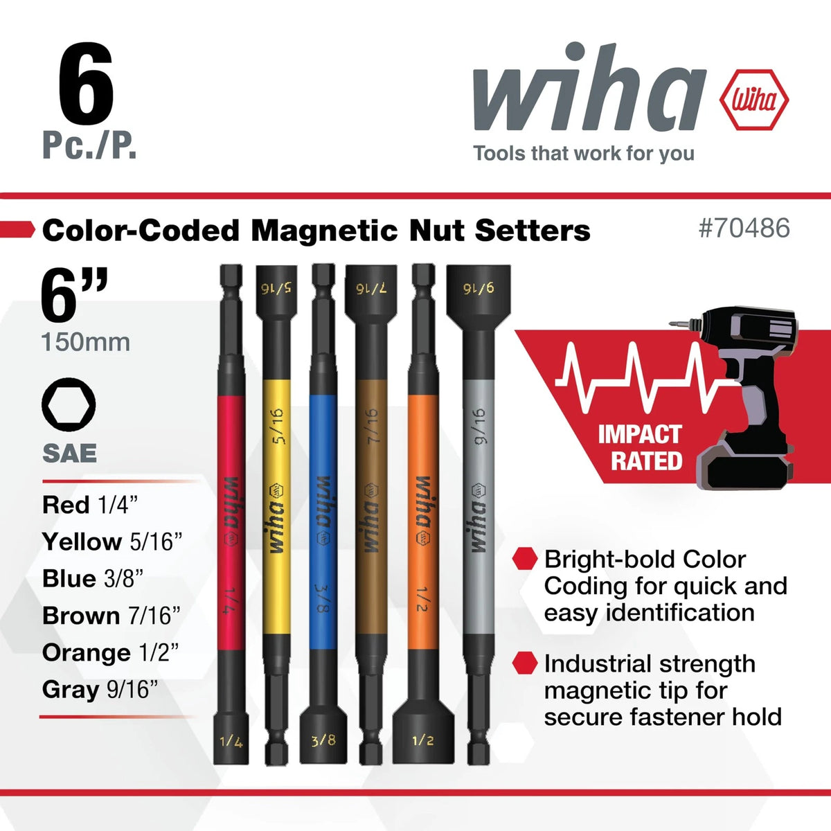 6-Piece Magnetic Nut Setter SAE Impact Rated 1/4 Hex