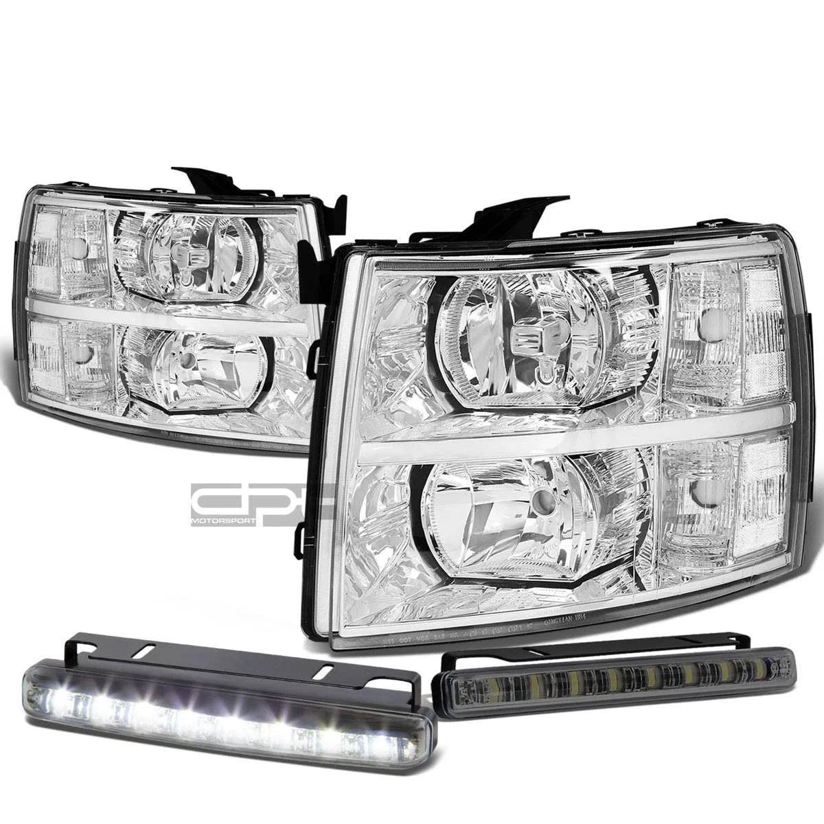 Chrome Housing Headlight + Clear Turn Signal + LED Fog Light Set for Silverado (2007–2013)