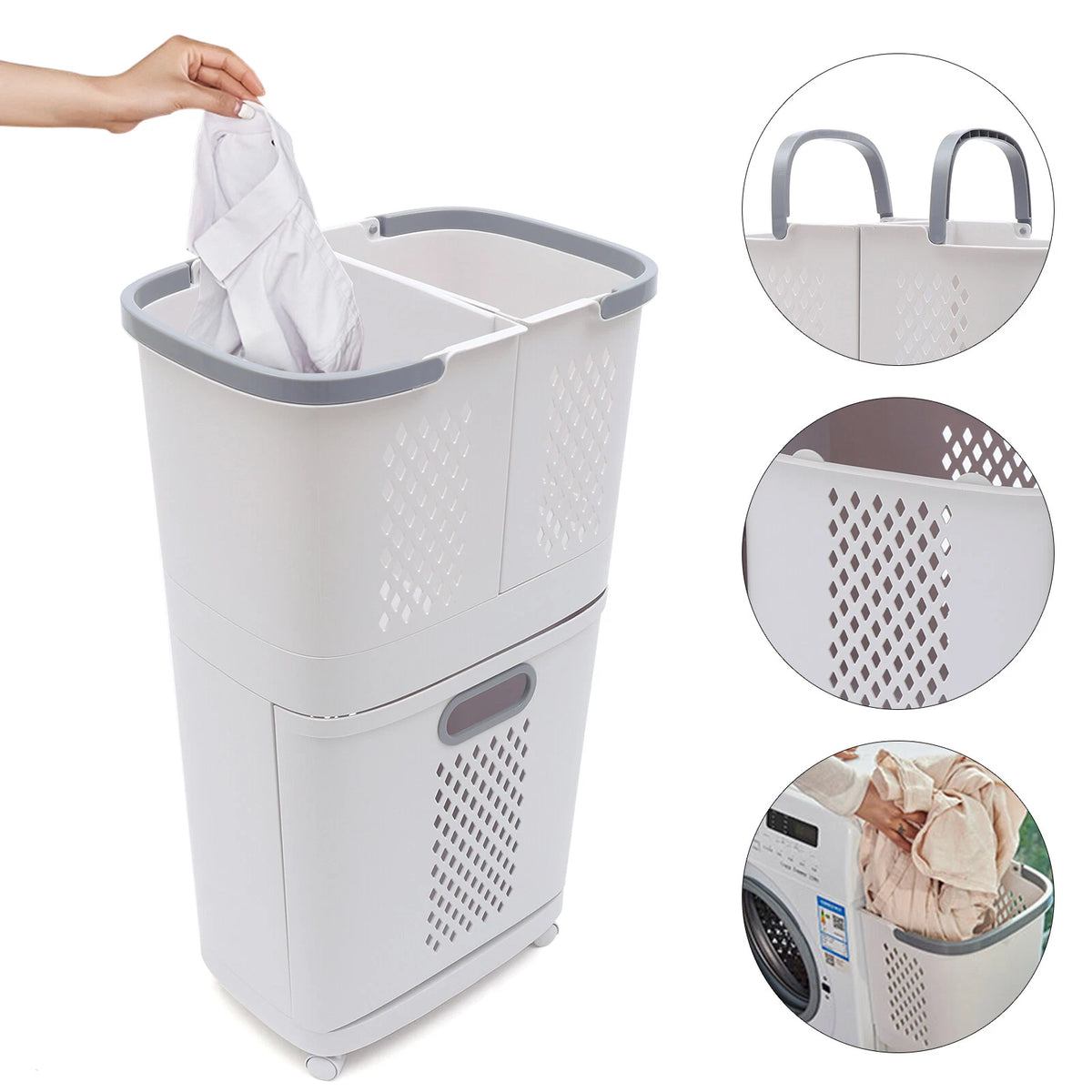 2-Tier Laundry Storage Basket with Wheels for Bathroom Hamper