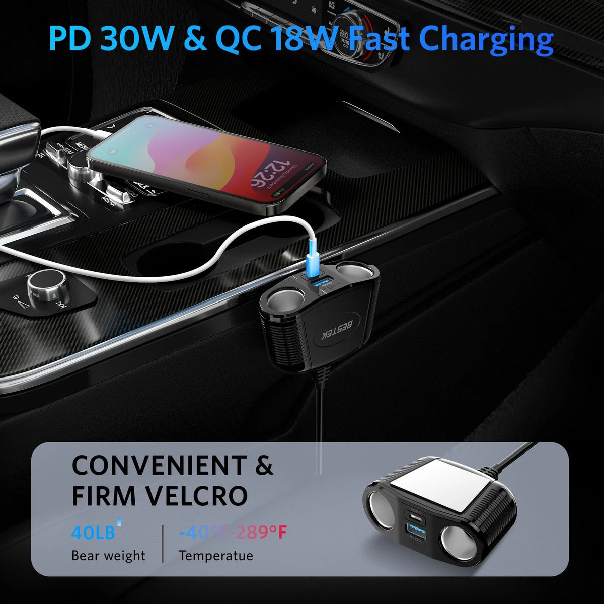 4 Port Car Lighter Splitter USB C Charger for GPS Dash Cam