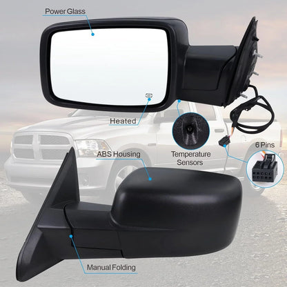 Driver Side Mirror for Dodge Ram 1500 (2013–2019) - Manual Fold, Heated, Temp Sensor