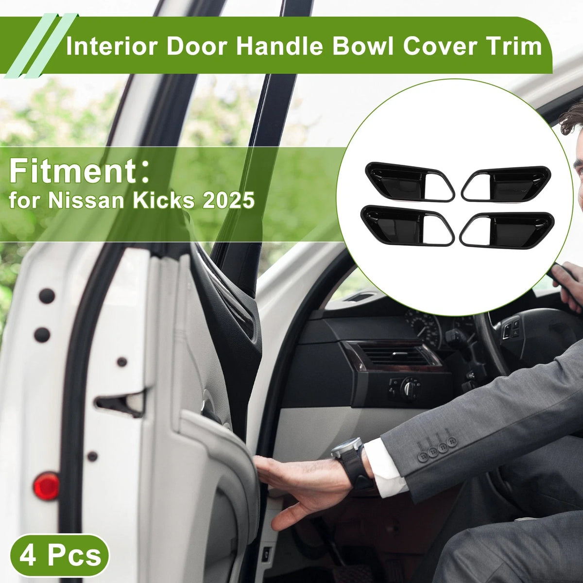 Set of 4 Interior Door Handle Bowl Cover Trim for Nissan Kicks (2025) Black ABS