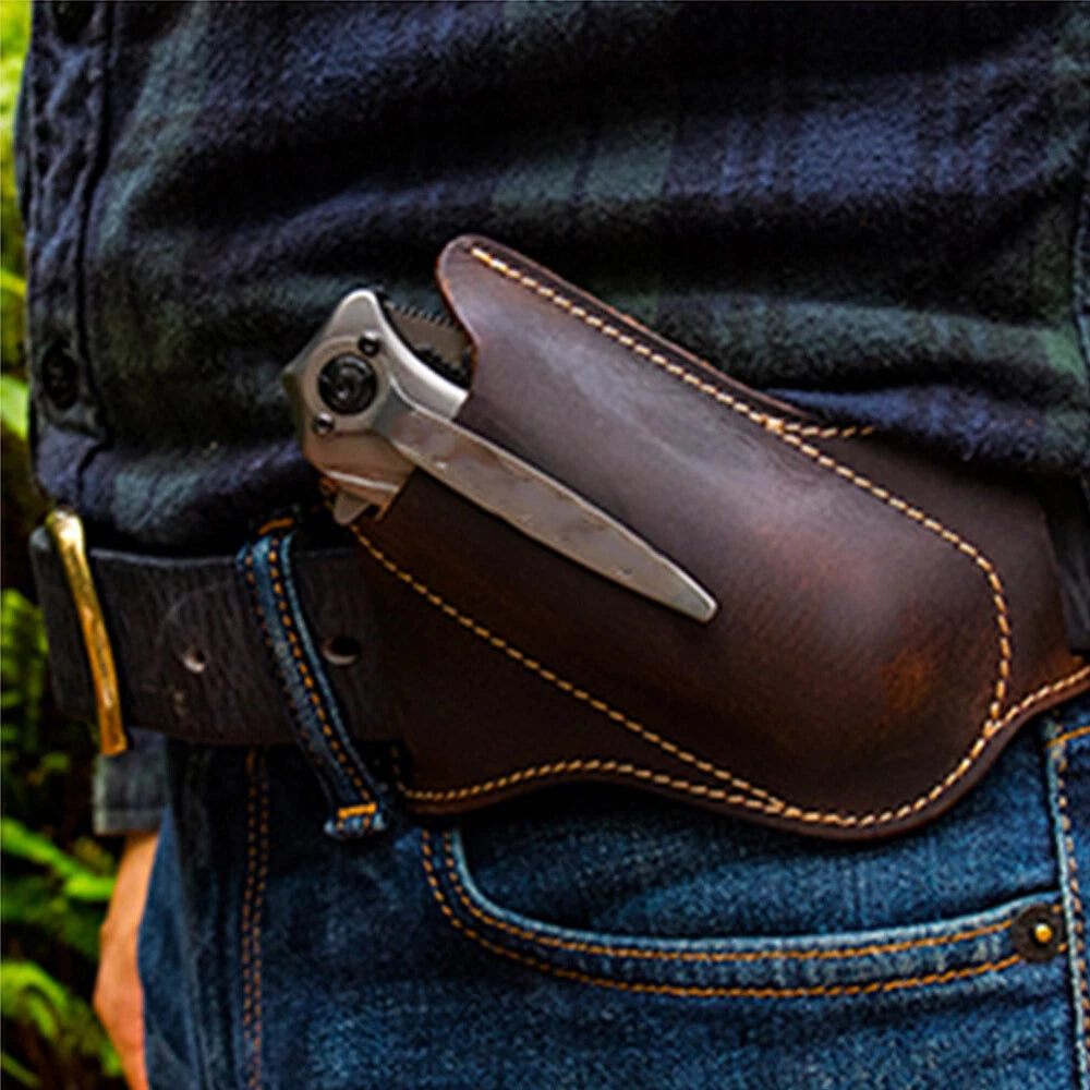 Leather Belt Sheath Holster for Folding Pocket Knife (1pc) - Brown