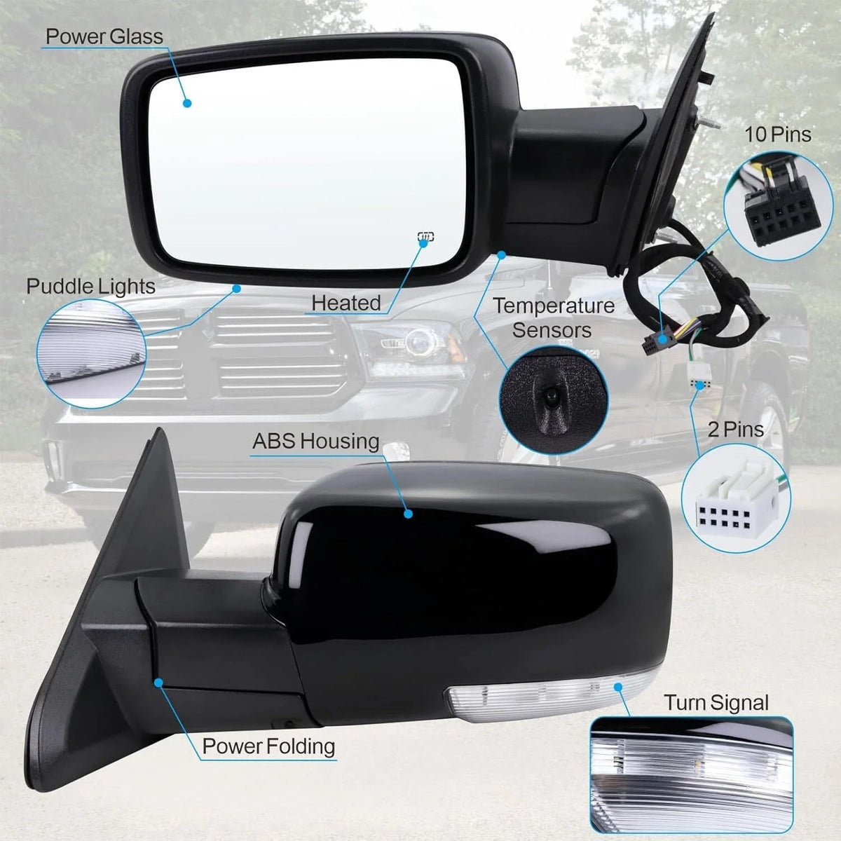 Power Fold Heated Temp Sensor Mirror for Dodge Ram 1500 (2013–2019)