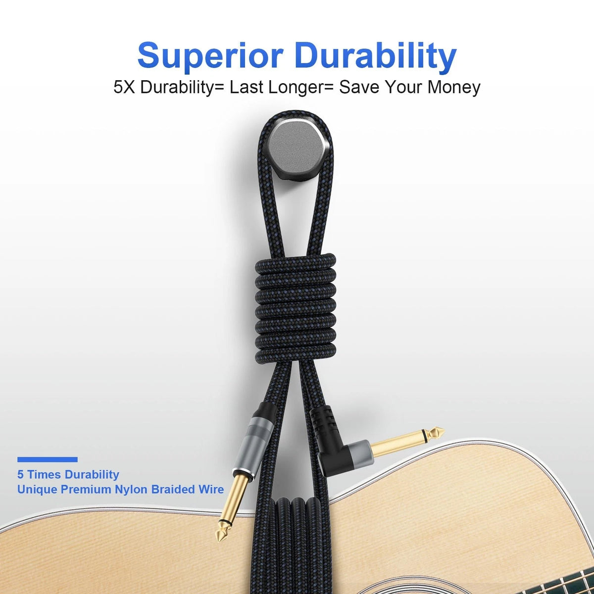 2X Guitar Cable 10 FT 1/4 Inch Braid Black Grey