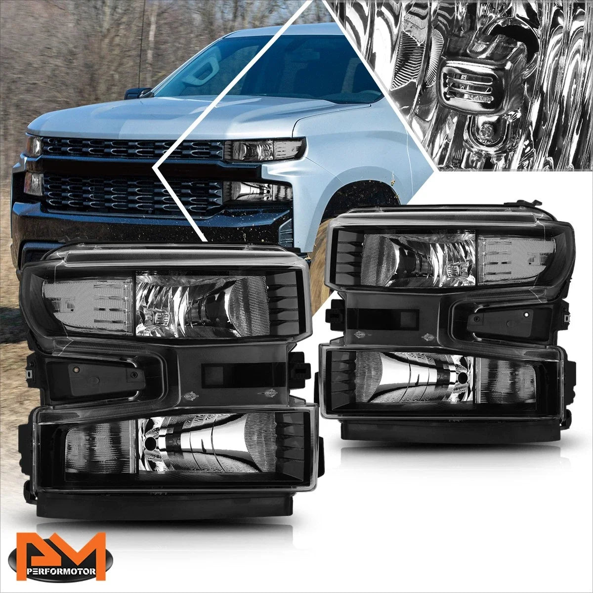 Clear Corner Headlights Lamp Black for Silverado 1500 WT/Custom Trail Boss (2019–2024)