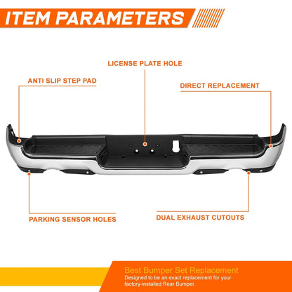 Rear Step Bumper for Ram 1500 (2019–2024) w/ Sensor Holes & Dual Exhaust Cutout Chrome