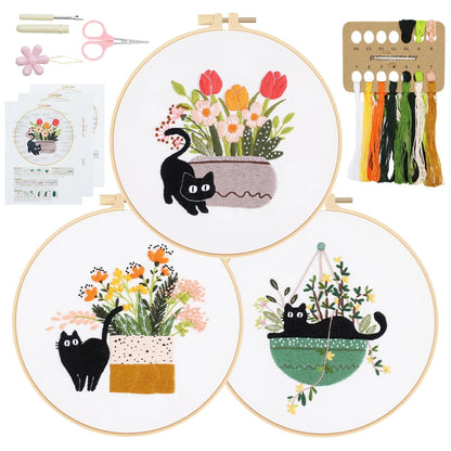 Set of 3 Embroidery Kits for Beginners - Cat, Floral, DIY