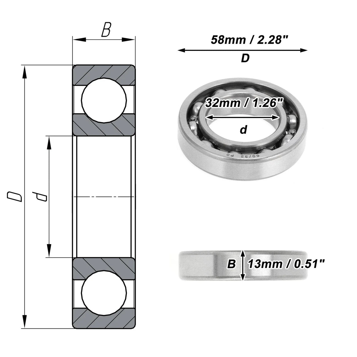 Deep Groove Ball Bearing for Scooter Skateboard (32x58x13mm)