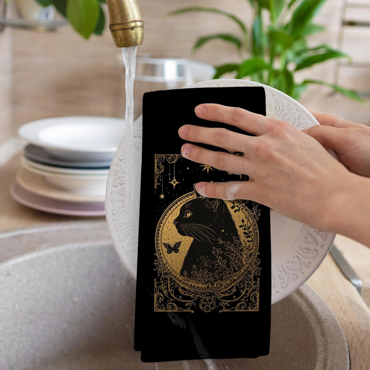 Gothic Tarot Cat Kitchen Towels - Witchy Black Gold 16x24 inches