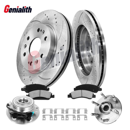 8Pcs Front Drilled Brake Rotors, Pads & Hub Bearings for Chevy Cadillac GMC
