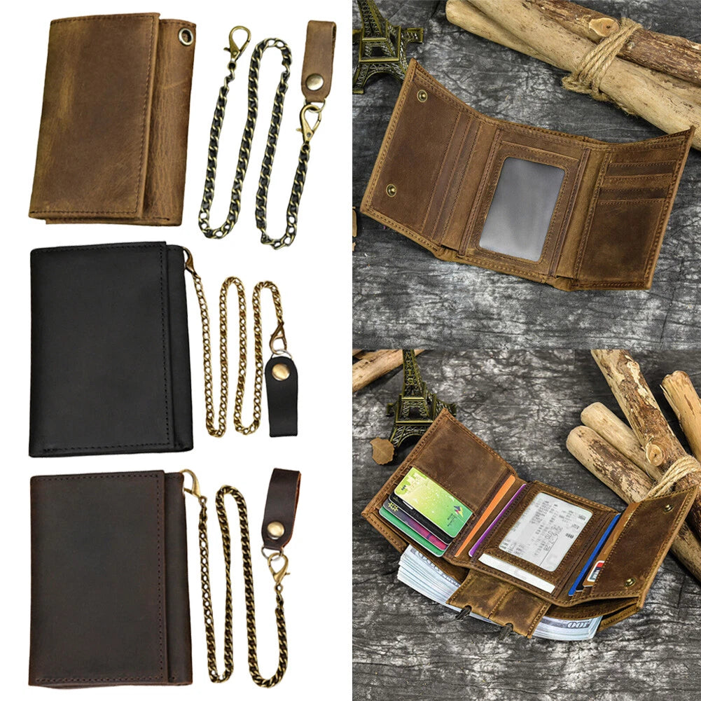 Men's Leather Tri-fold Wallet Chain Vintage Snap Closure Card Holder