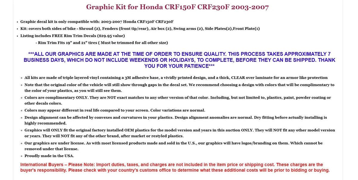 Graphic Stickers + RIM Decals for Honda CRF150F CRF230F (2003–2007)