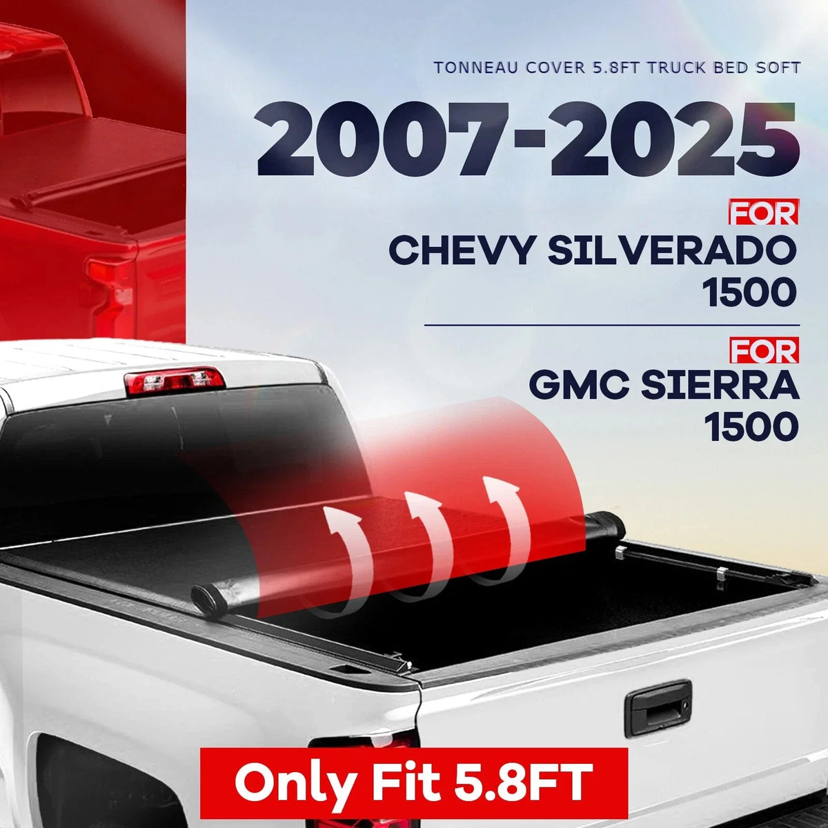 Tonneau Bed Cover Roll Up for GMC Sierra Chevy Silverado 1500 (2007–2026)