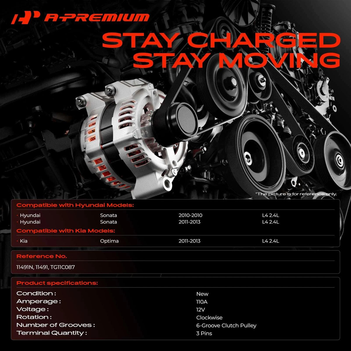 Alternator for Hyundai Sonata, Kia Optima (2010–2013) TG11C087, 11491N