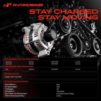 Alternator for Hyundai Sonata, Kia Optima (2010–2013) TG11C087, 11491N