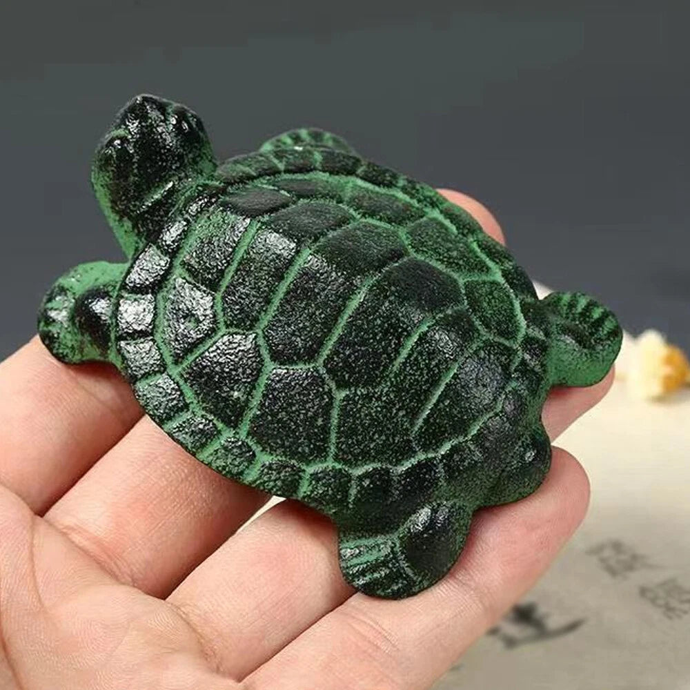 Small Turtle Figurine Green Cast Iron Tortoise Statue 2.76" Decor