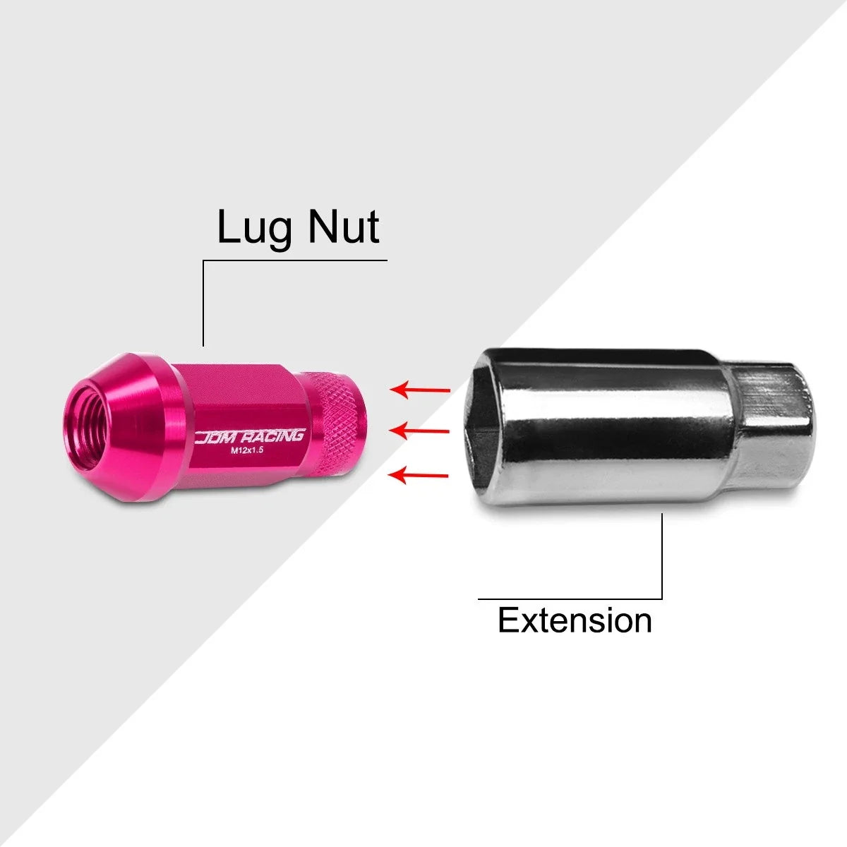 Set of 20 M12X1.5 Pink JDM Open End Cone Seat Wheel Lug Nuts + 25mm Extension