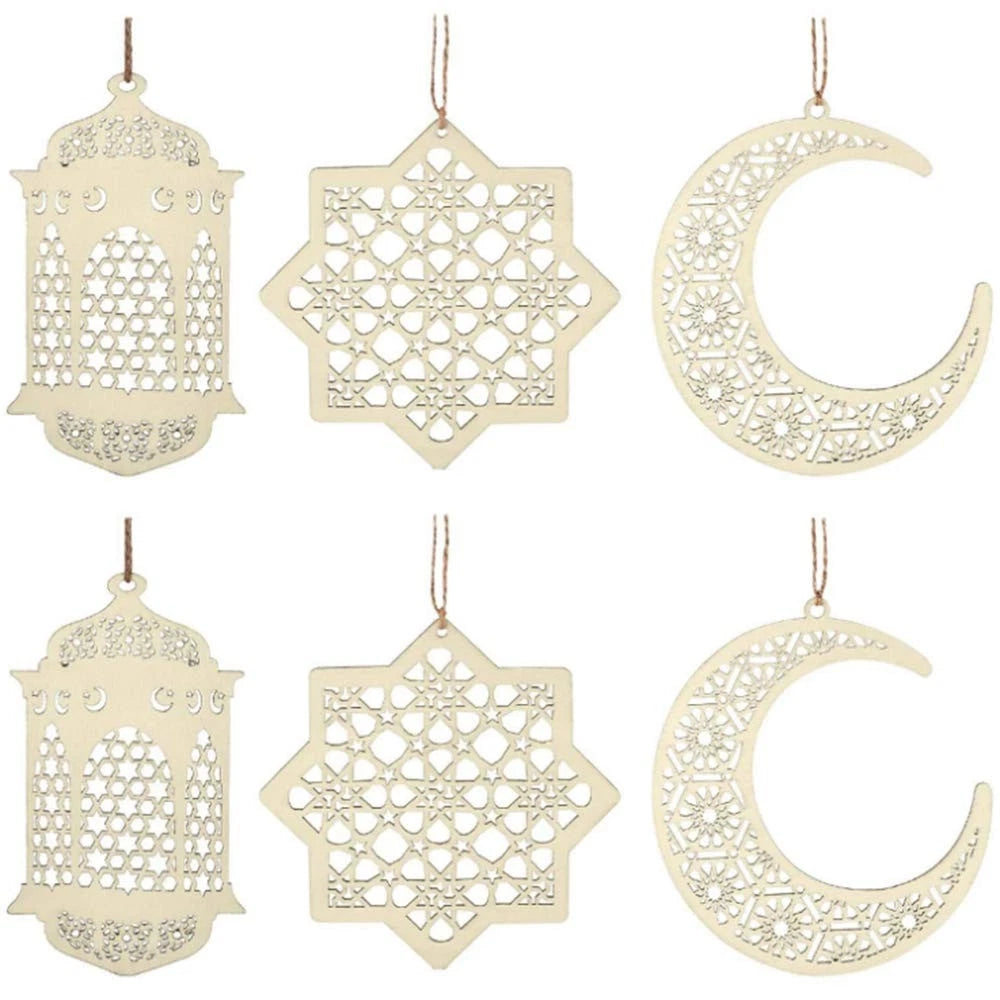 Set of 6 Wooden Ornaments for Ramadan Decoration - Moon Lantern Star