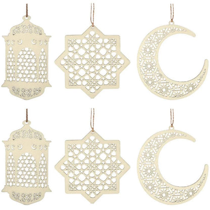 Set of 6 Wooden Ornaments for Ramadan Decoration - Moon Lantern Star