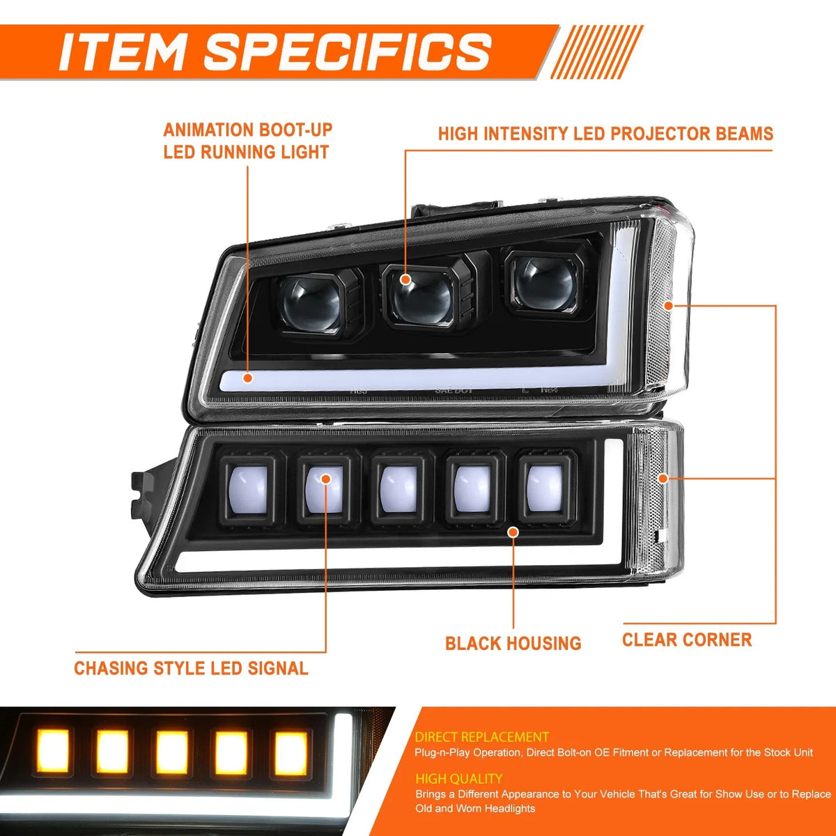 LED DRL Sequential Turn Signal Projector Headlights for Silverado (2003–2007)
