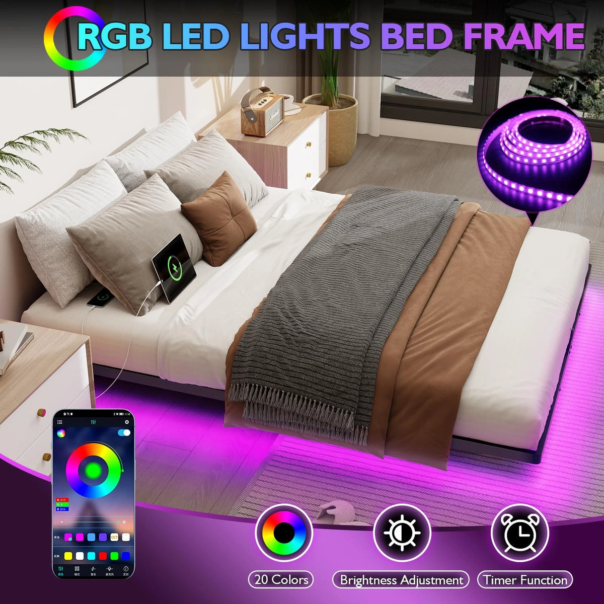 Floating Metal Bed Frame with Smart LED Lights and Charging Station