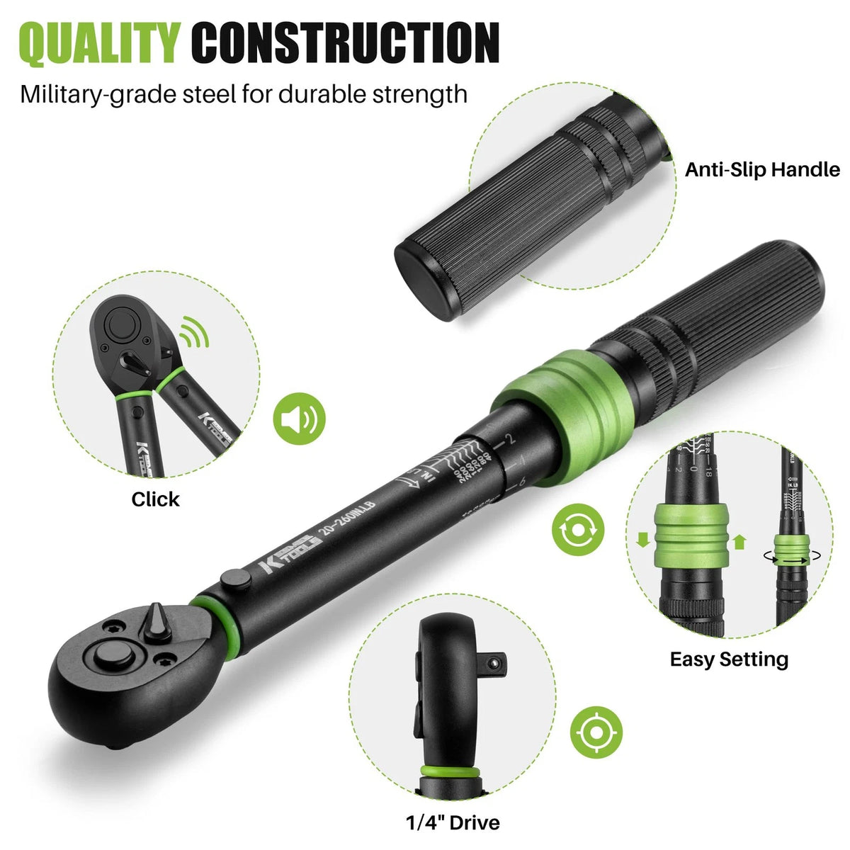 1/4-Inch Drive Click Torque Wrench for Universal Use (20-260 IN)
