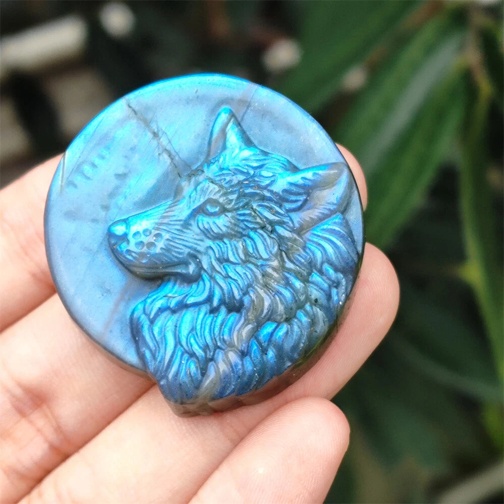 2" Hand-carved Labradorite Wolf Quartz Crystal Skull Healing