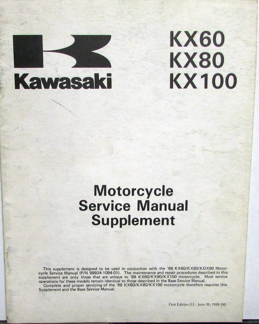 Service Manual Supplement for Kawasaki KX60 KX80 KX100 (1988)