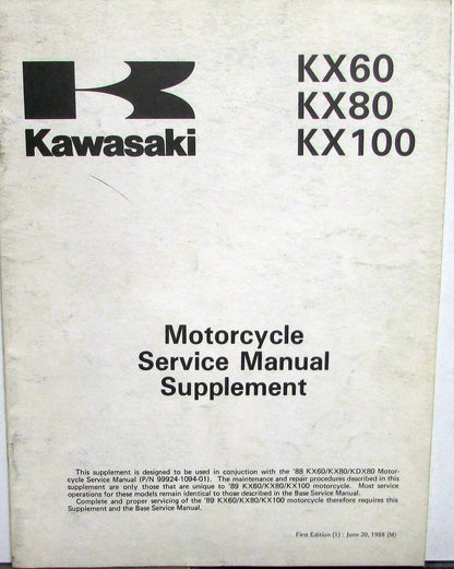 Service Manual Supplement for Kawasaki KX60 KX80 KX100 (1988)