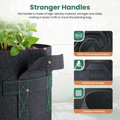 5 Pack 5 Gallon Grow Bags for Plants (Thickened Nonwoven Fabric, Black)