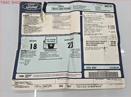 Original Dealer Window Sticker for Ford Ranger Sport Supercab 2004