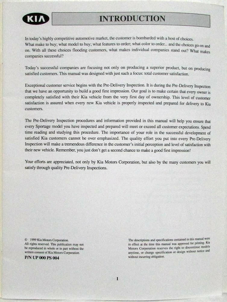 Pre-Delivery Inspection Manual for Kia Sportage (2000)