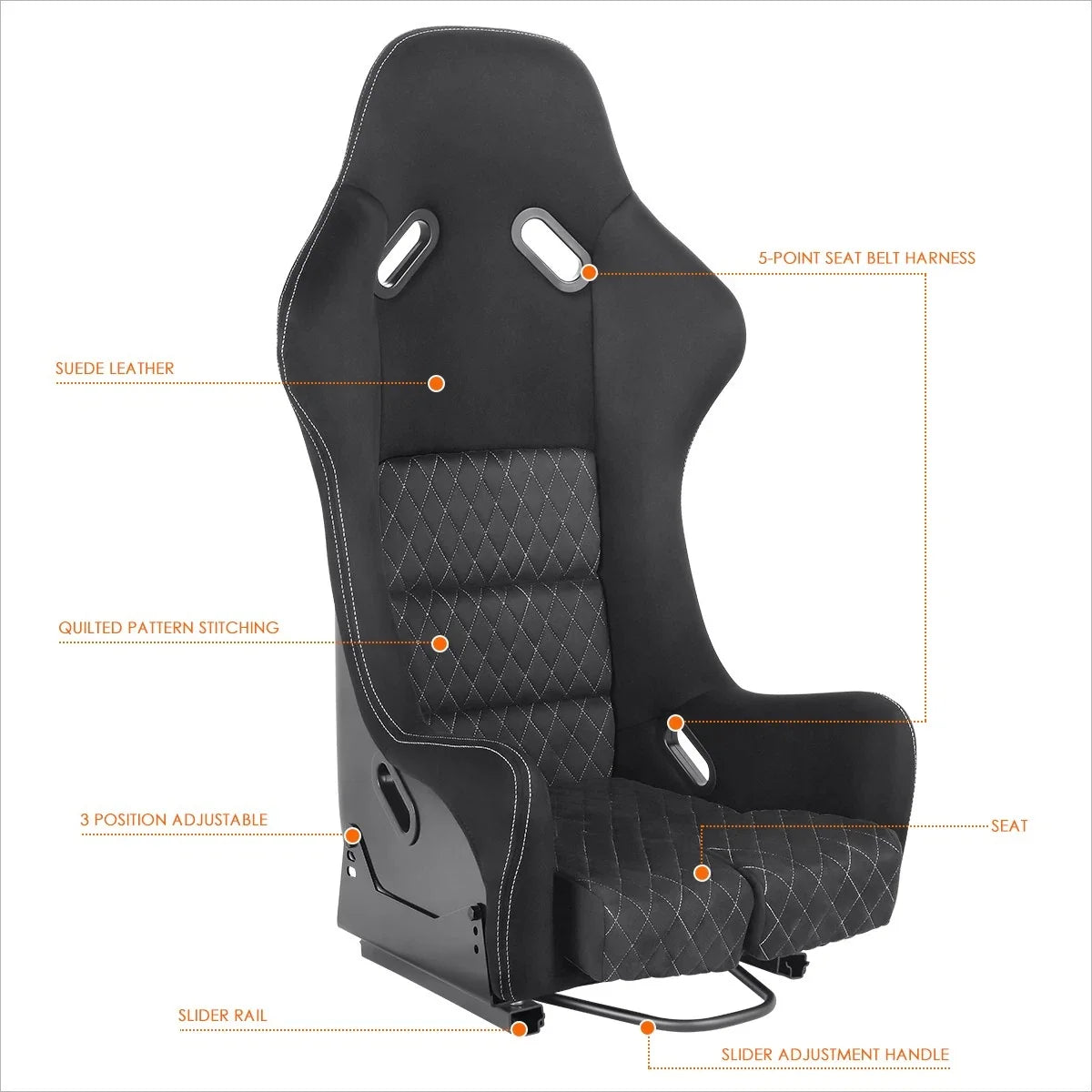Pair Racing Bucket Seats for Universal Fit (Suede Leather, Black)