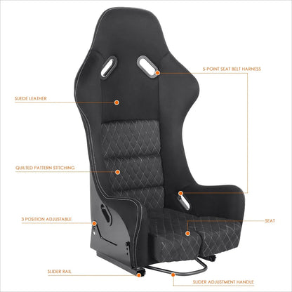 Pair Racing Bucket Seats for Universal Fit (Suede Leather, Black)