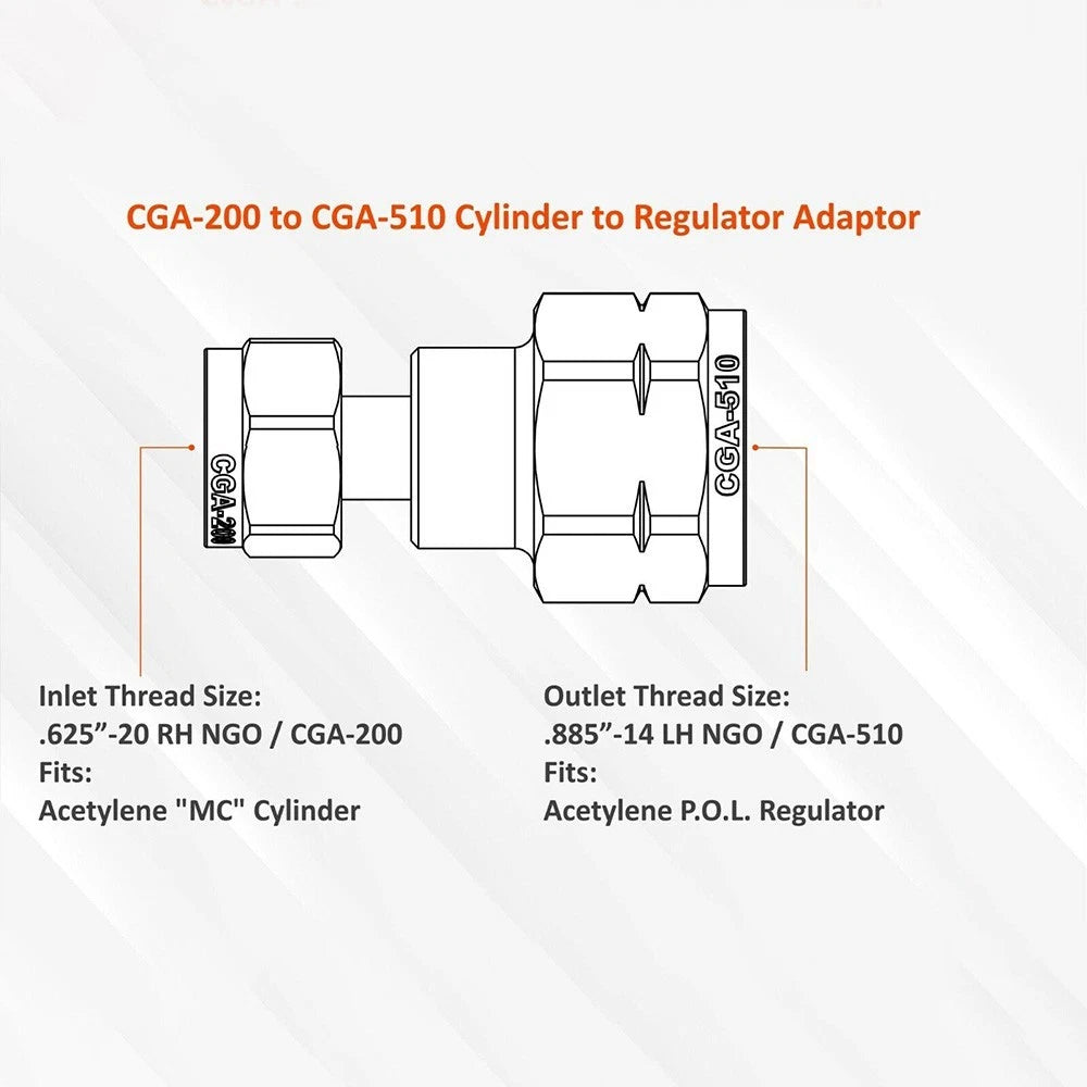 CGA-200 to CGA-510 Adaptor for Acetylene Cylinder Bottle (MC)
